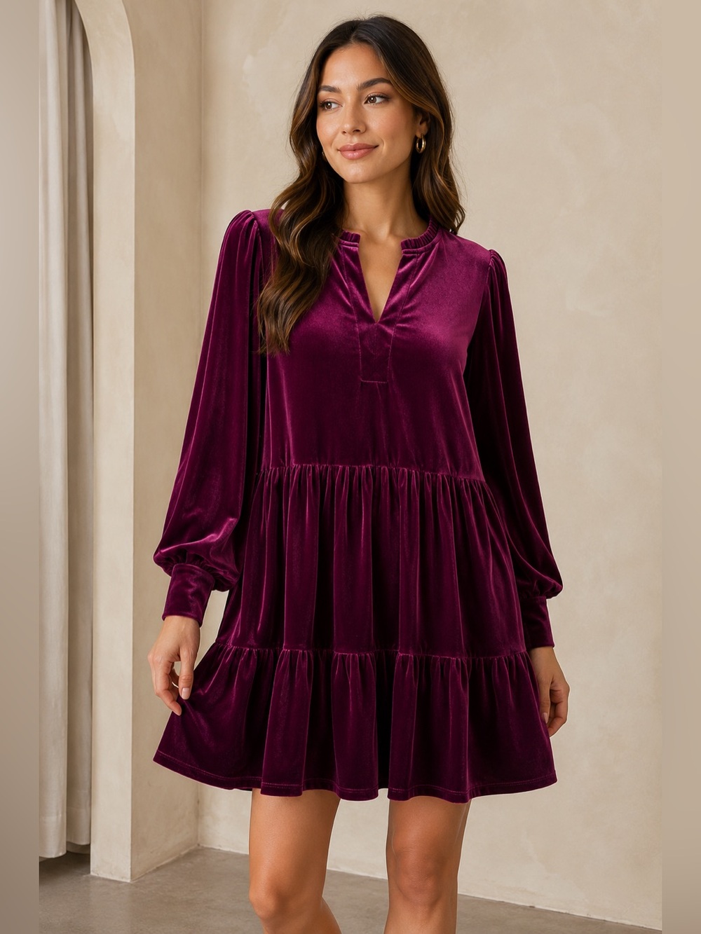 1.STATE NWT Plum Purple Velvet Tiered Mini Dress Puff Sleeve S Holiday Glam